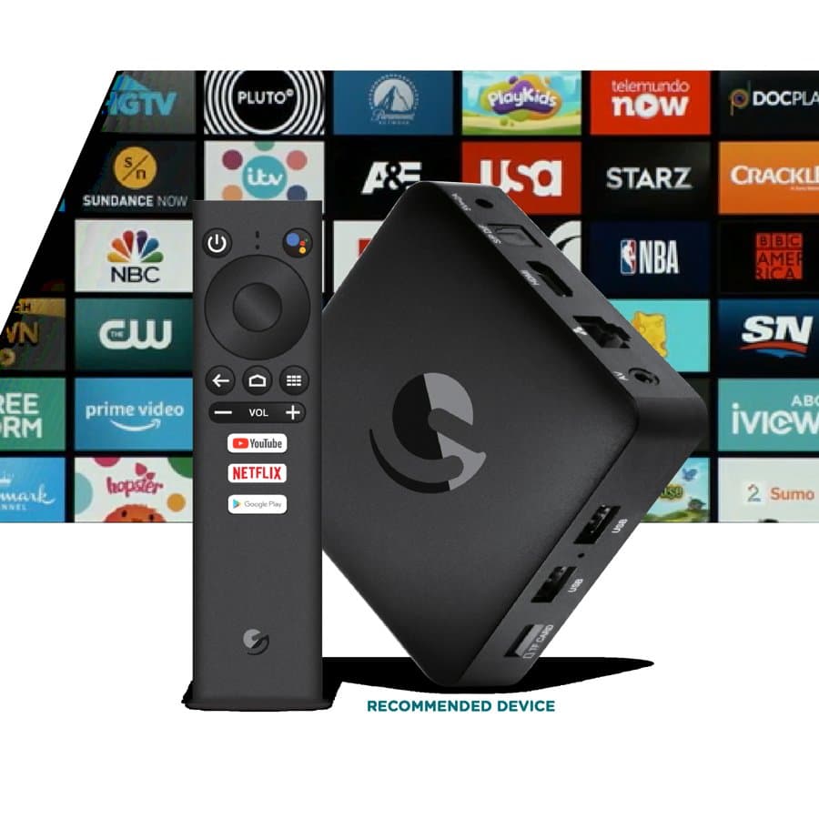 The EMatic 4K Ultra HD Android TV Box with its voice remote, in front of a wall of streaming-app logos
